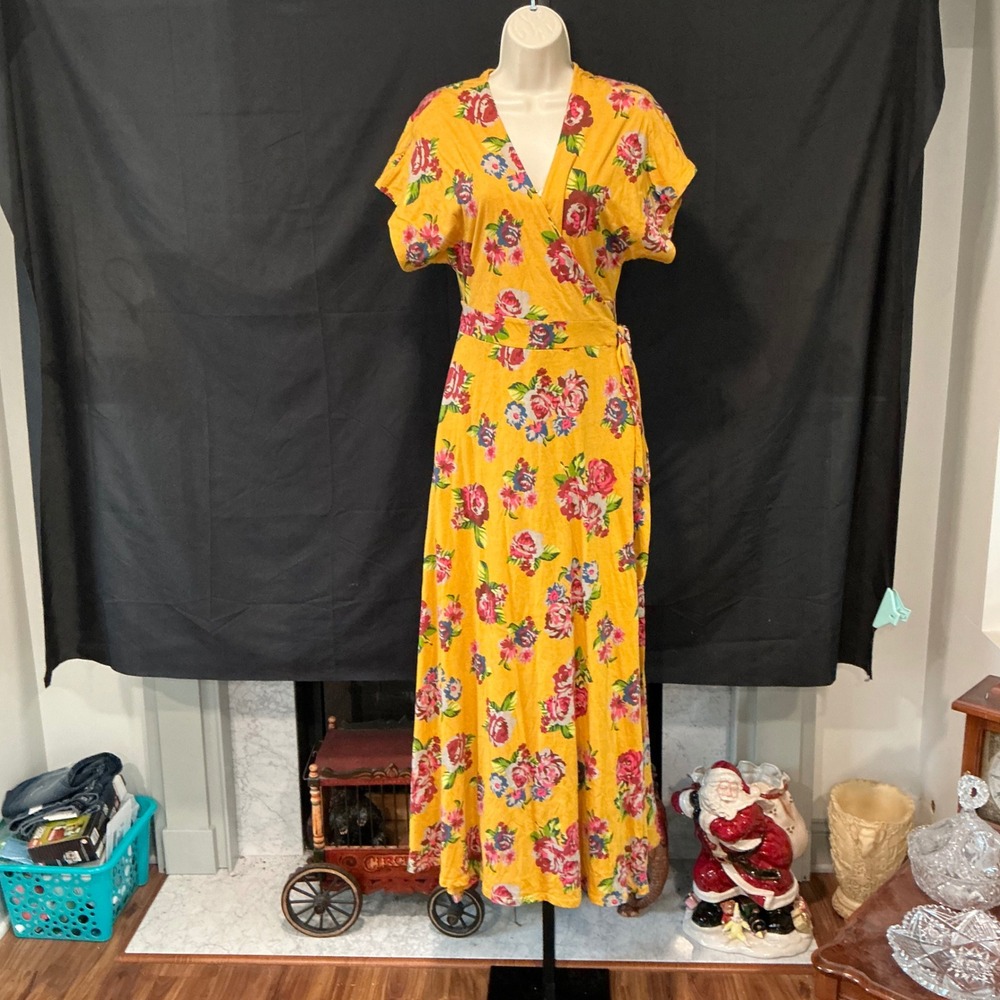 Matilda Jane Wrap Dress Maxi S/M Yellow Floral Cotton V-Neck Short Sleeve Boho